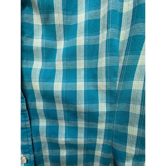 Bit & Bridle Womens Button-Up Short Sleeve Shirt L Blue Plaid Embroidered Accent - Picture 5 of 9